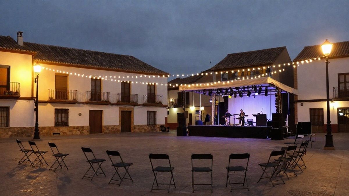 Imagen ilustrativa: plaza de un pueblo español de noche con luces de fiesta y escenario vacío
