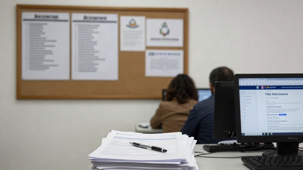 Imagen ilustrativa: un tablón de anuncios con ofertas de empleo y formularios sobre una mesa en una oficina municipal.