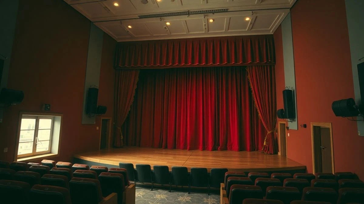 Imagen ilustrativa: interior de un pequeño teatro con butacas rojas y escenario vacío, iluminado por luz lateral.