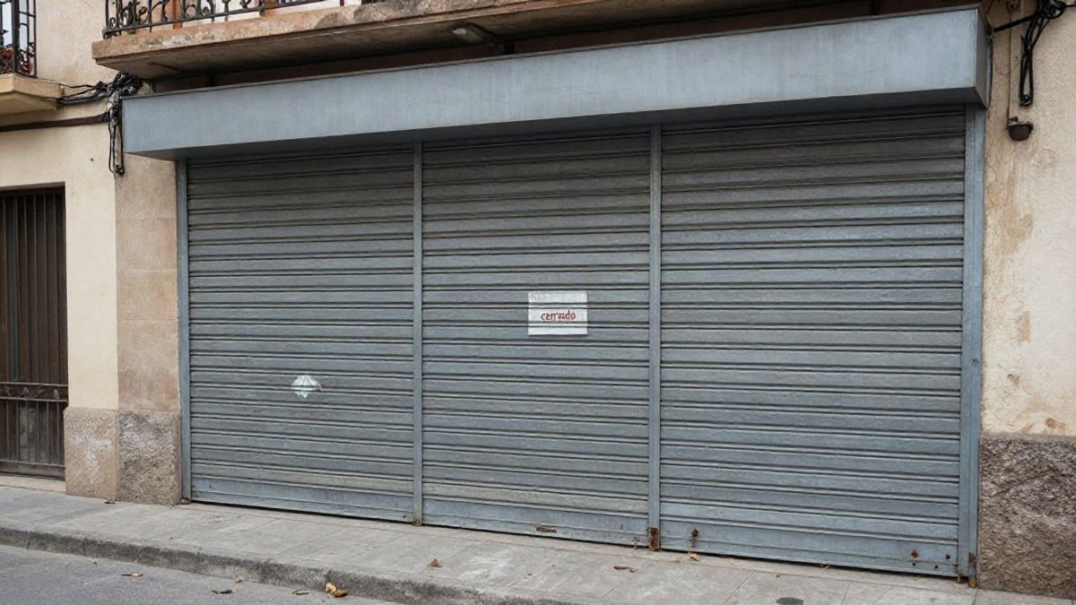 Imagen ilustrativa: un local comercial cerrado en una calle de un pueblo, con la persiana metálica bajada y algunas hojas secas en el suelo.