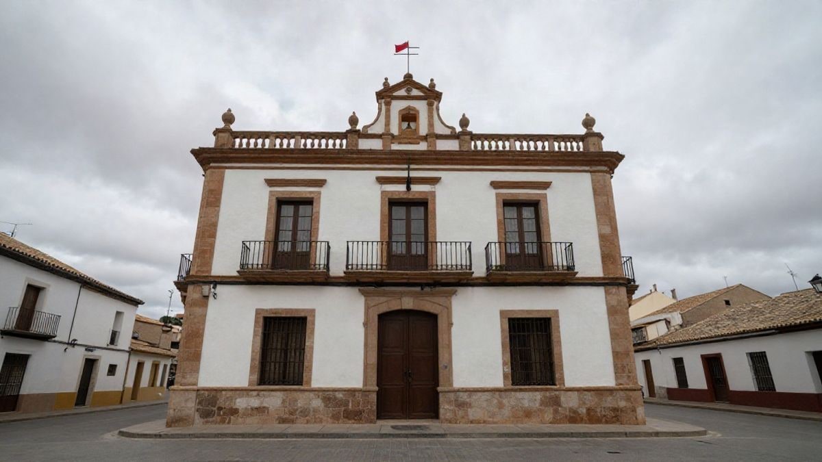 Imagen ilustrativa: fachada genérica de un edificio consistorial vista desde el suelo con cielo nublado