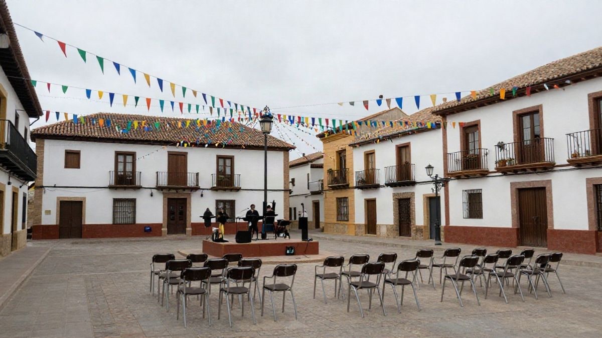 Imagen ilustrativa: plaza de un pueblo español engalanada con guirnaldas y luces para unas fiestas patronales.