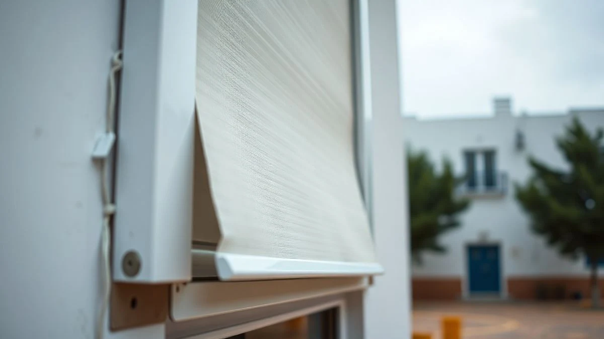 Imagen ilustrativa: detalle de una ventana nueva de PVC instalada en un edificio escolar, con persiana semibajada y luz de día nublado.