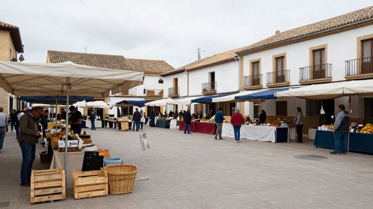 Imagen ilustrativa: plaza de un pueblo con puestos de mercado y cajas vacías en el suelo