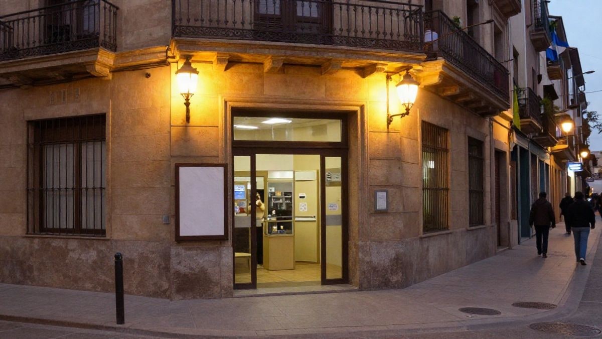 Imagen ilustrativa: entrada de un centro cultural de noche con luz artificial y cartel informativo sin texto legible