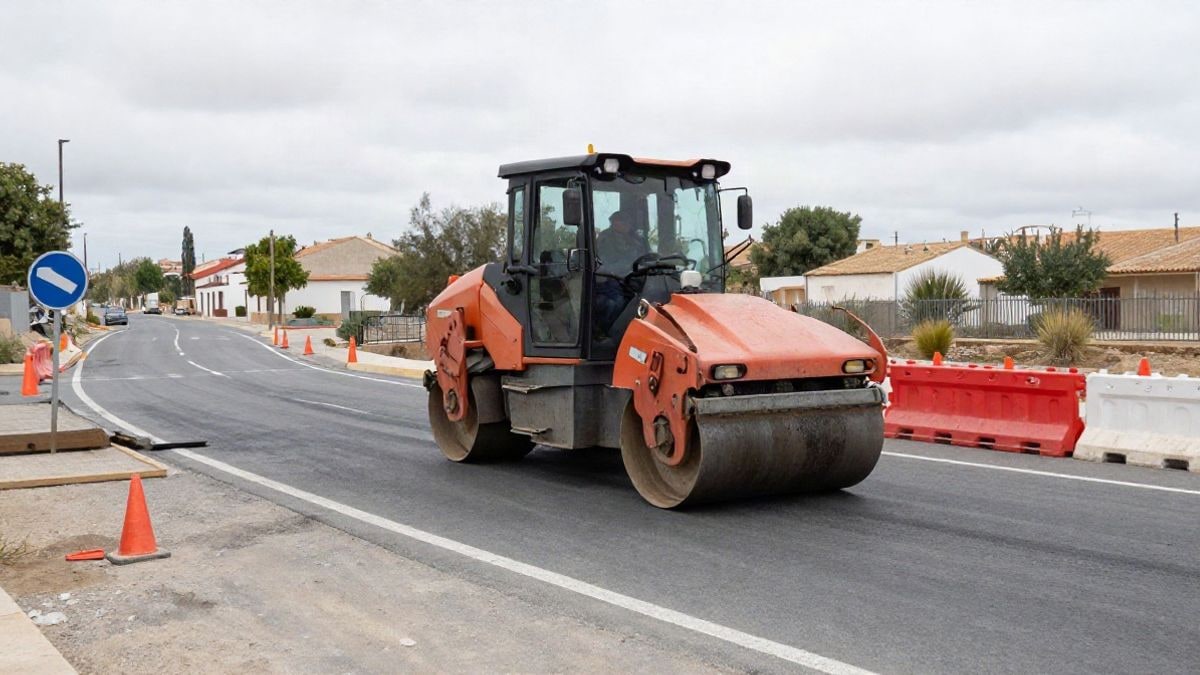 Imagen ilustrativa: obras de asfaltado de una glorieta provisional con conos y señalización en una carretera