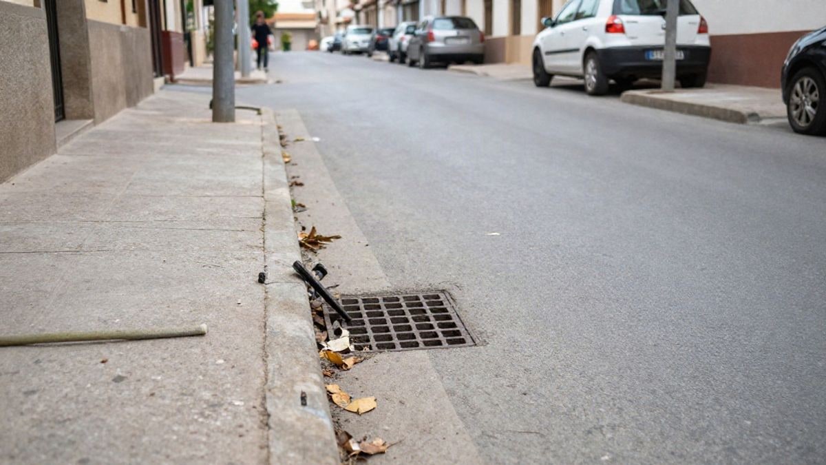 Imagen ilustrativa: una alcantarilla en una calle residencial con hojas y suciedad alrededor