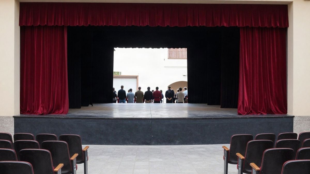 Imagen ilustrativa: escenario de teatro con telón y una silla vacía ante butacas desocupadas