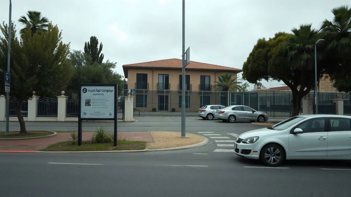 Imagen ilustrativa: un complejo deportivo municipal con pistas al aire libre y un edificio de oficinas, en un día nublado.