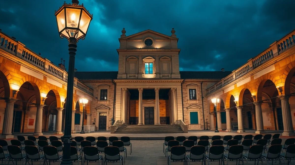 Imagen ilustrativa: un patio universitario iluminado por farolas y luces, con un escenario vacío y sillas preparadas para un espectáculo.