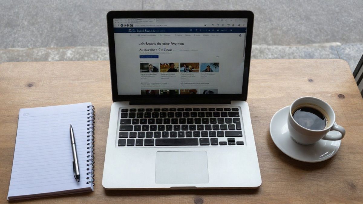 Imagen ilustrativa: vista cenital de un escritorio con un ordenador portátil y un cuaderno, símbolo de la búsqueda de empleo