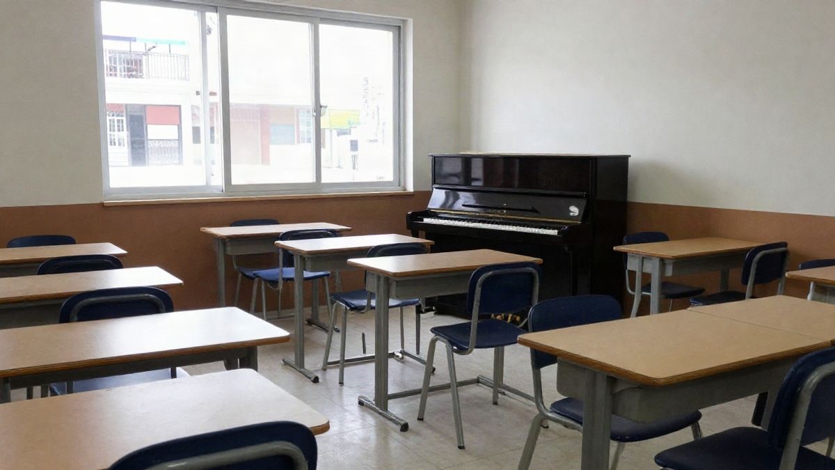Imagen ilustrativa: un aula de música vacía con atriles y un piano, iluminada con luz natural.