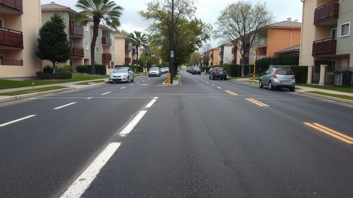 Imagen ilustrativa: calle residencial con asfalto recién pintado y plazas de aparcamiento señalizadas, sin personas.