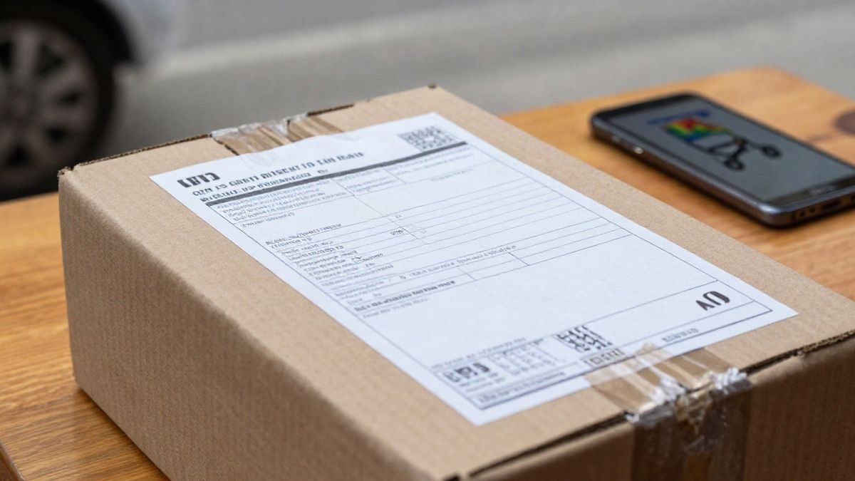 Imagen ilustrativa: primer plano de una caja de envío con etiqueta de aduanas junto a un teléfono móvil