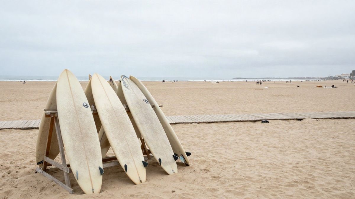 Imagen ilustrativa: tablas de surf apoyadas en un soporte de madera en una playa vacía con la línea de la orilla al fondo