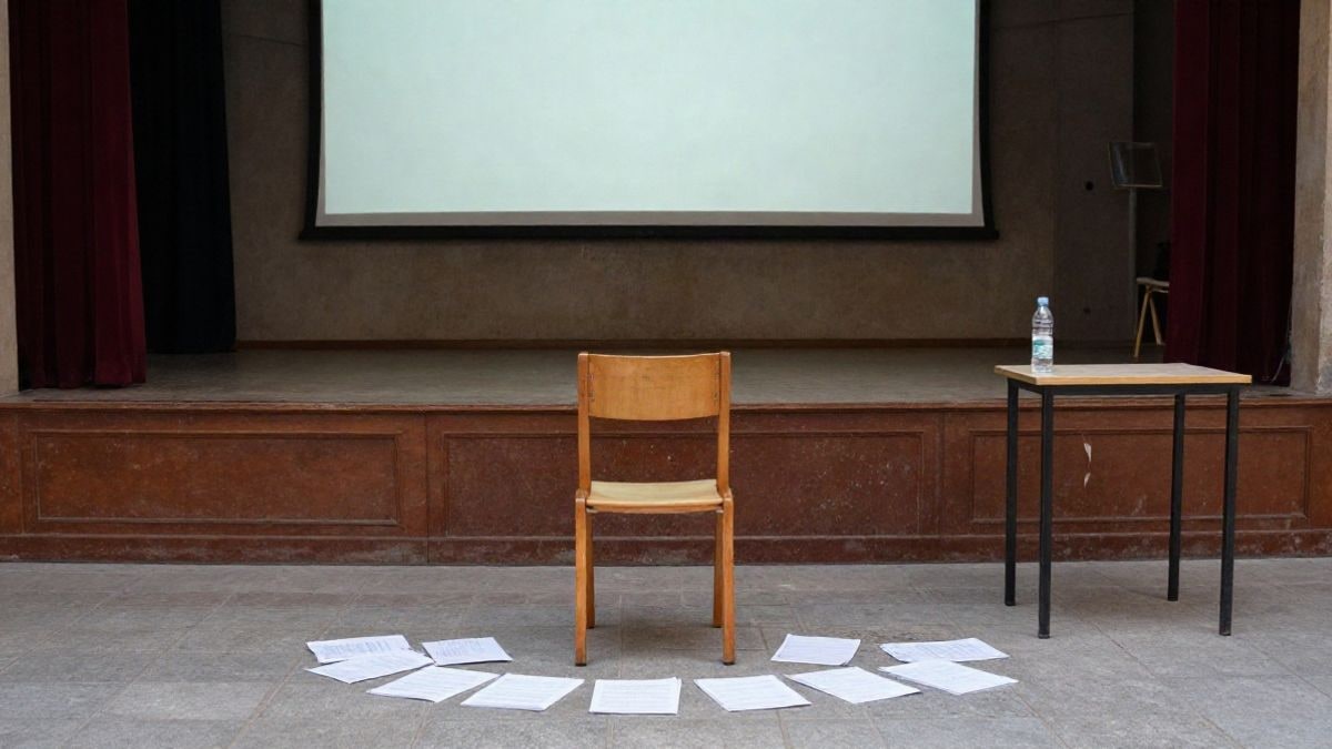 Imagen ilustrativa: una sala de ensayo con sillas y guiones sobre el suelo