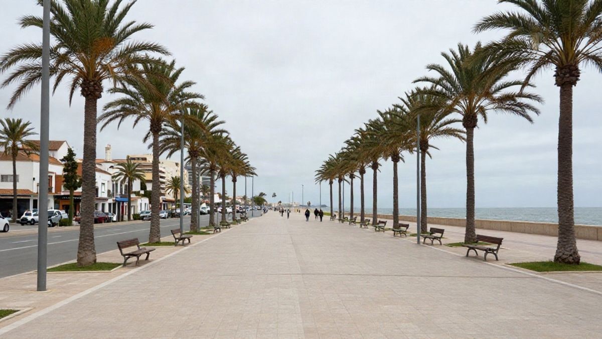 Imagen ilustrativa: paseo marítimo de una localidad costera española con palmeras y bancos vacíos