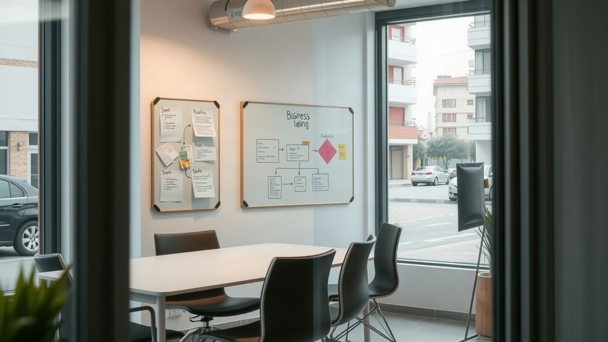 Imagen ilustrativa: interior de una oficina de incubadora de empresas con mesa, sillas y pizarra con notas, luz natural de ventana