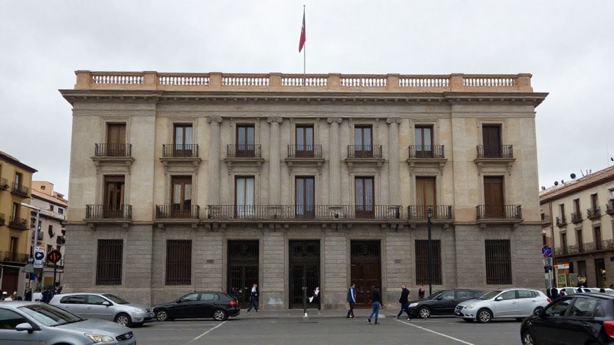 Illustrative image: facade of an institutional building with flag at half-mast on a cloudy day.