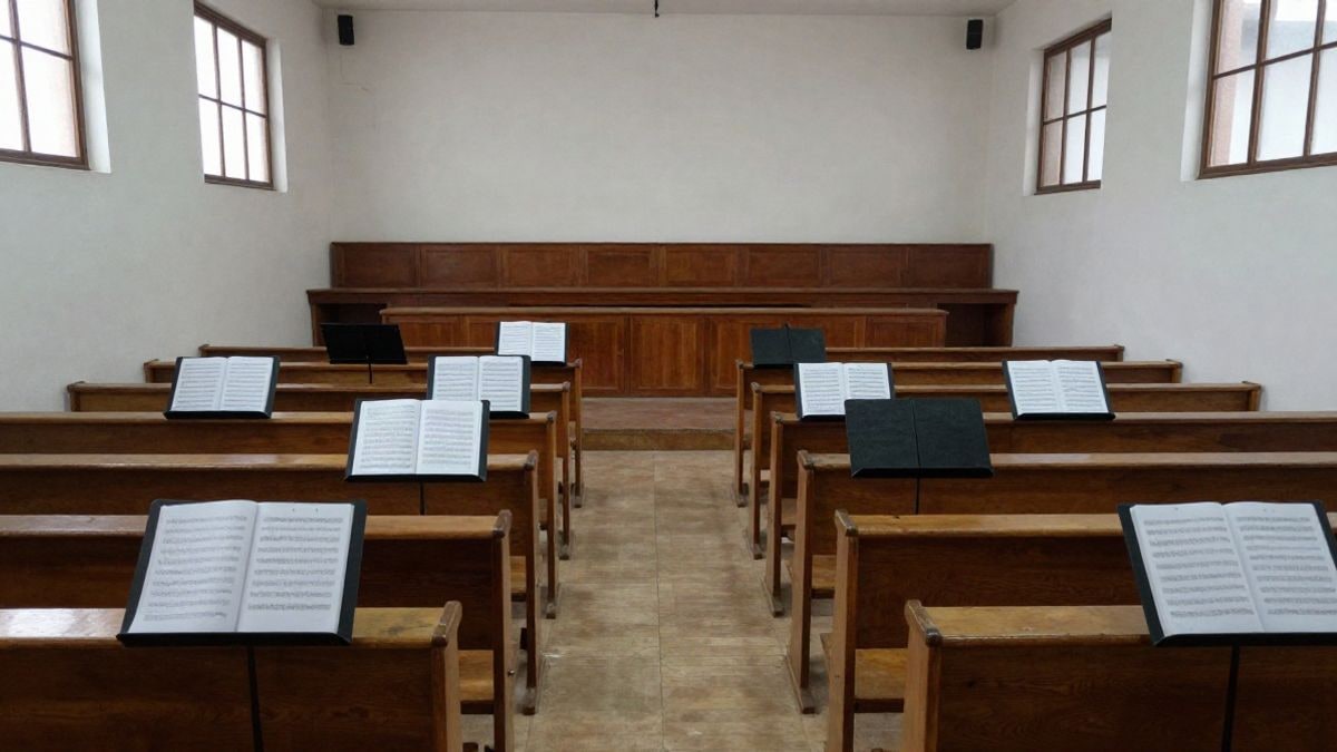 Imagen ilustrativa: un auditorio vacío con atriles y partituras dispuestos para un concierto coral