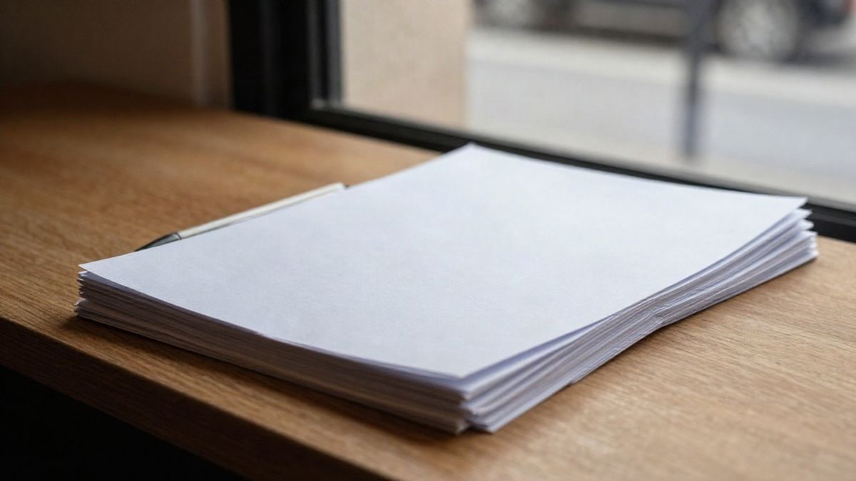 Imagen ilustrativa: detalle de una mesa de madera con documentos en blanco y un bolígrafo