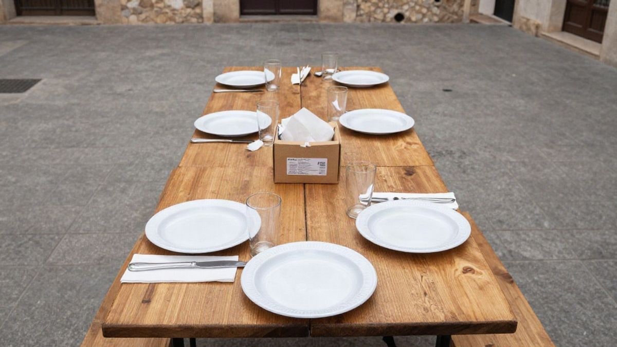 Imagen ilustrativa: mesa con platos y vasos usados tras un aperitivo solidario al aire libre