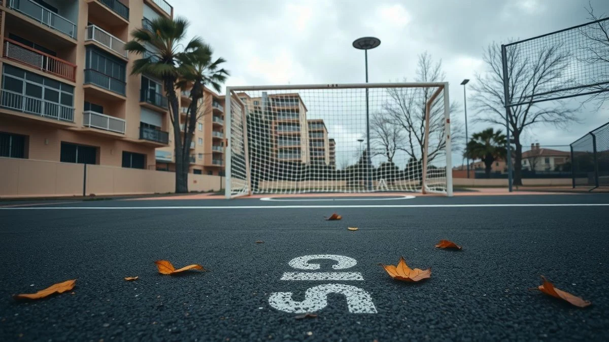 Imagen ilustrativa: una portería de fútbol sala vacía en una pista municipal al aire libre, con edificios de fondo y cielo nublado.