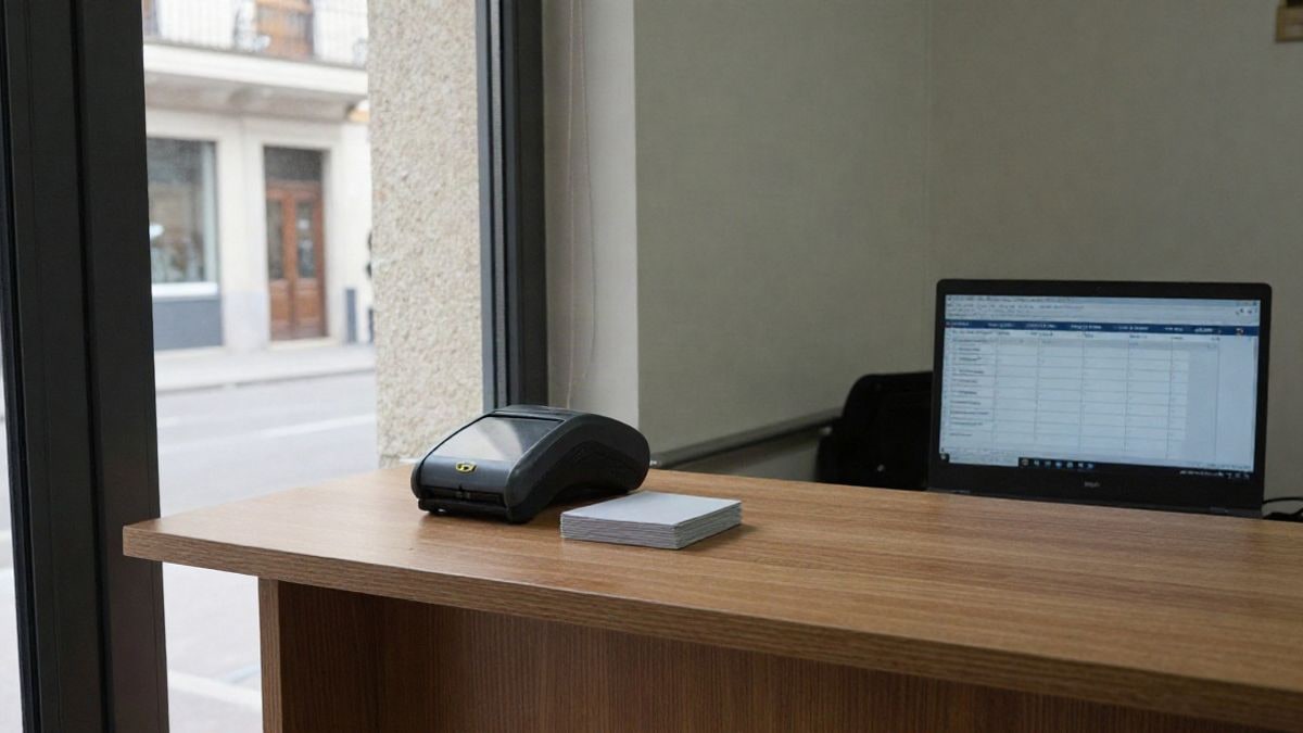 Illustrative image: counter with card reader and computer in a municipal office