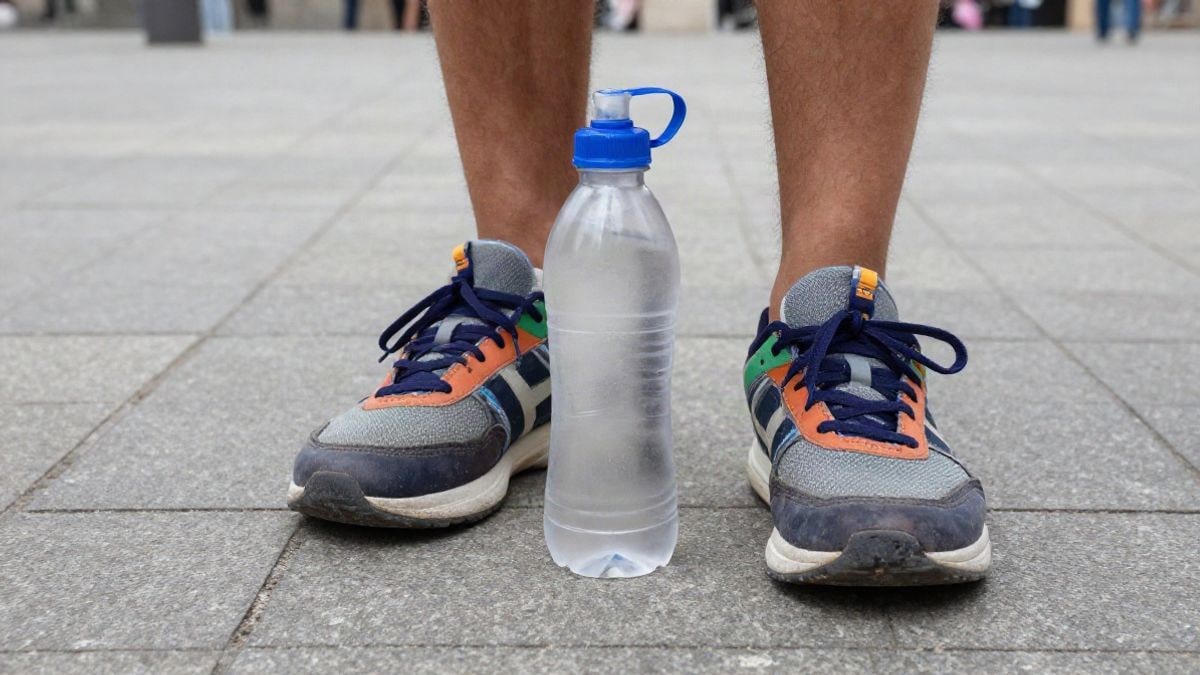 Imagen ilustrativa: primer plano de unas zapatillas deportivas y una botella de agua sobre una plaza adoquinada