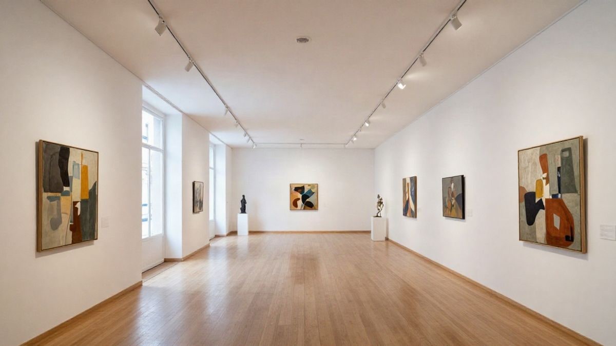 Imagen ilustrativa: sala de exposiciones con cuadros y una escultura sobre pedestal, sin público