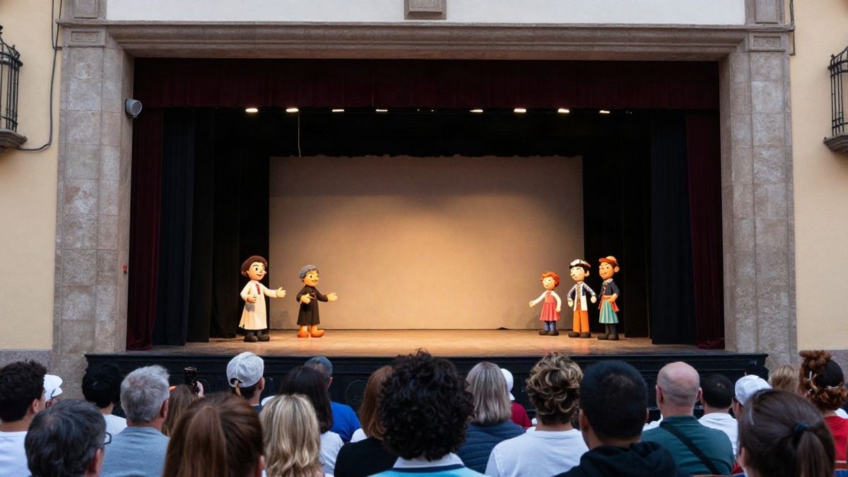 Imagen ilustrativa: un escenario teatral con marionetas de un pollo amarillo y otros personajes infantiles de colores.