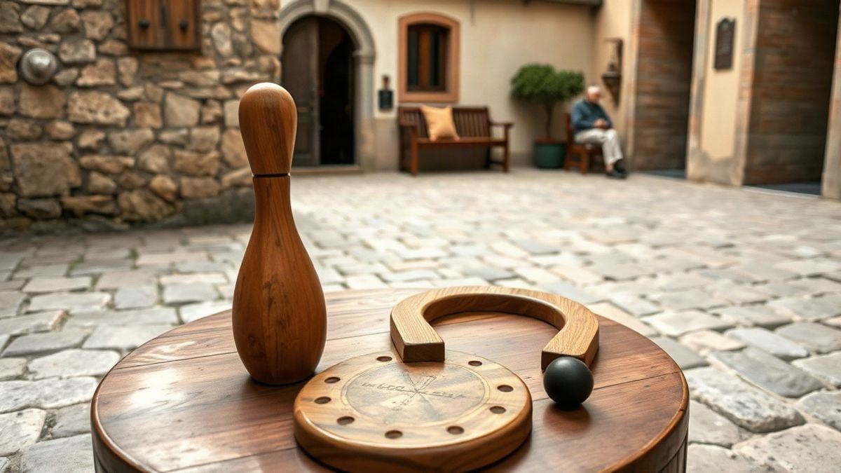 Imagen ilustrativa: un rincón de una plaza con juegos tradicionales de madera sobre el suelo, sin personas.