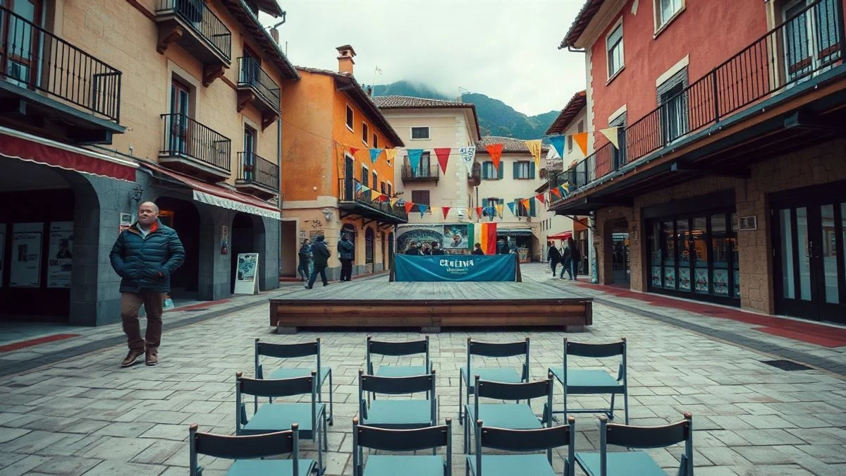 Imagen ilustrativa: plaza de un pueblo de montaña engalanada con guirnaldas y un escenario de madera para las fiestas patronales