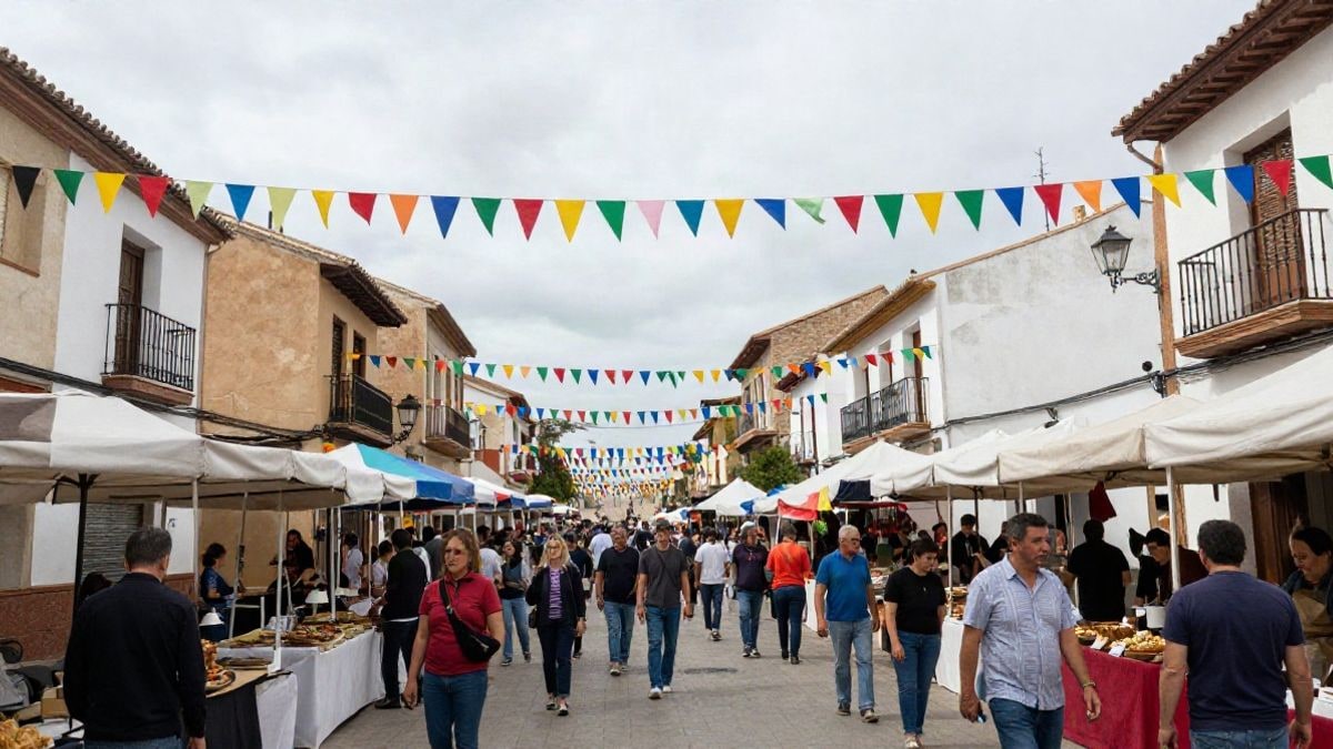 Imagen ilustrativa: una calle de un barrio español engalanada con guirnaldas y puestos de mercado durante unas fiestas populares.