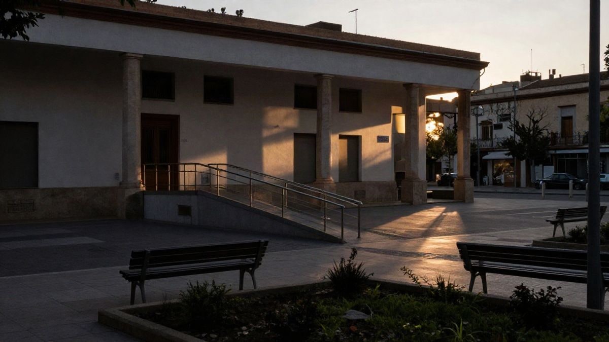 Imagen ilustrativa: fachada de un edificio municipal con rampa accesible y bancos vacíos en un jardín