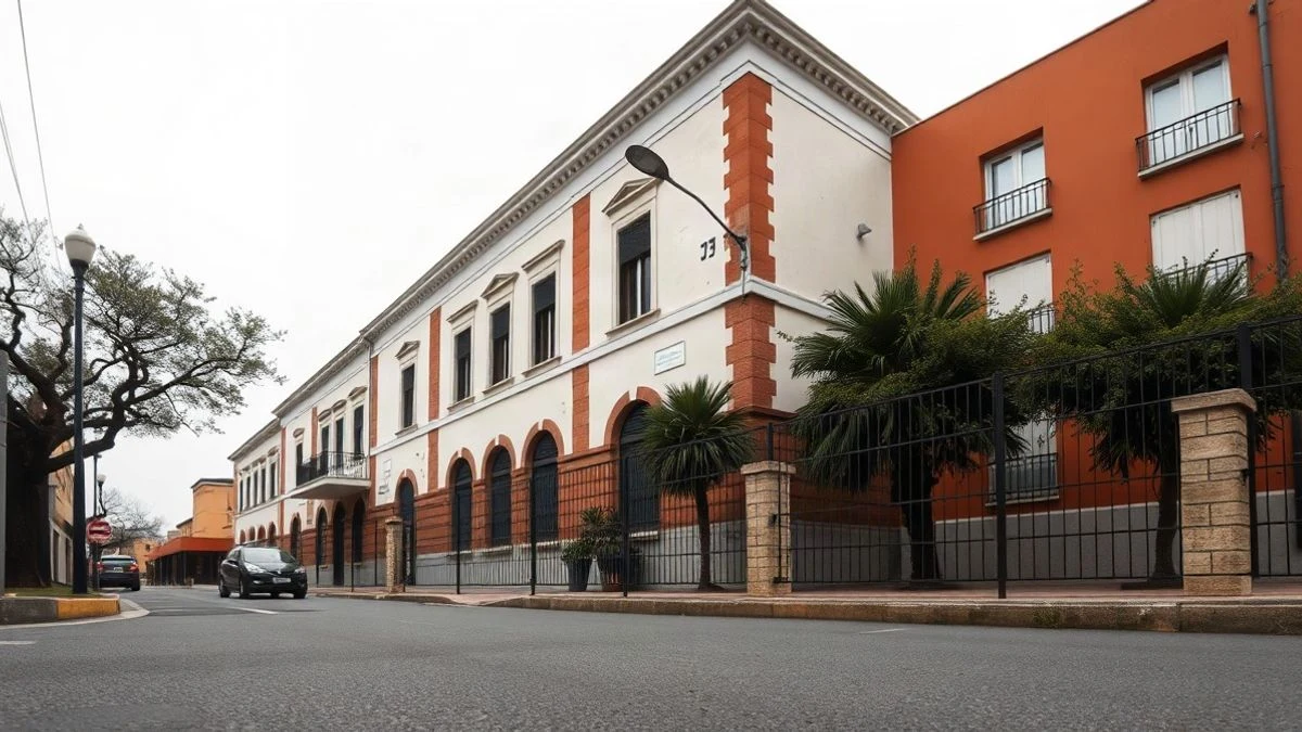 Imagen ilustrativa: fachada de un colegio con ventanas nuevas en una calle tranquila, bajo un cielo nublado.