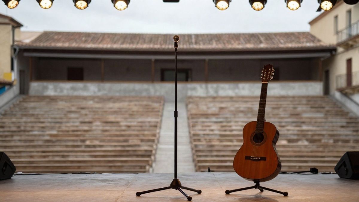 Imagen ilustrativa: un escenario con un micrófono y una guitarra, con luces cálidas y butacas vacías al fondo.