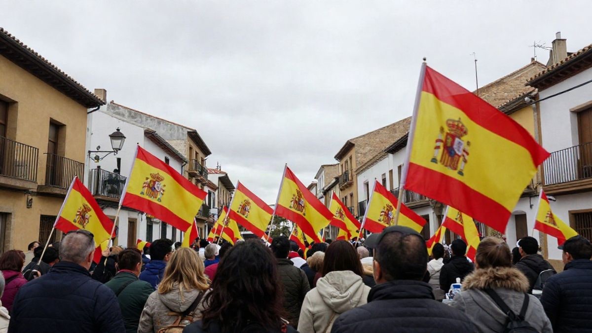 Illustrative image: group of people from behind with Spanish flags in a square