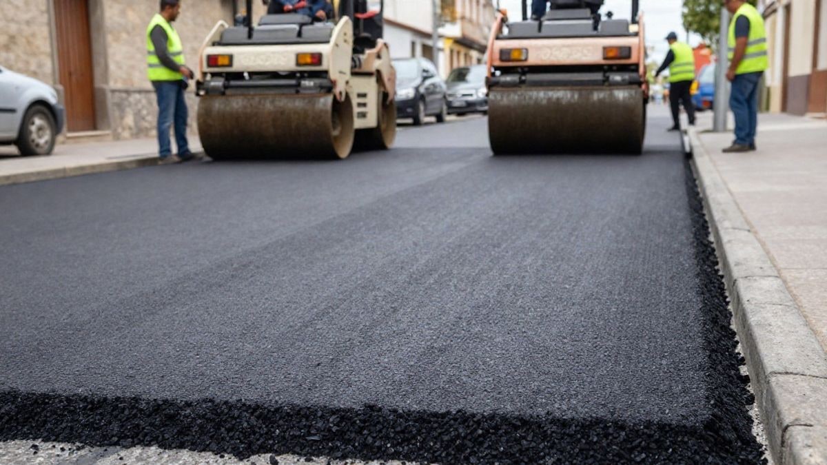 Imagen ilustrativa: calle con asfalto recién extendido y una apisonadora trabajando en un pueblo.