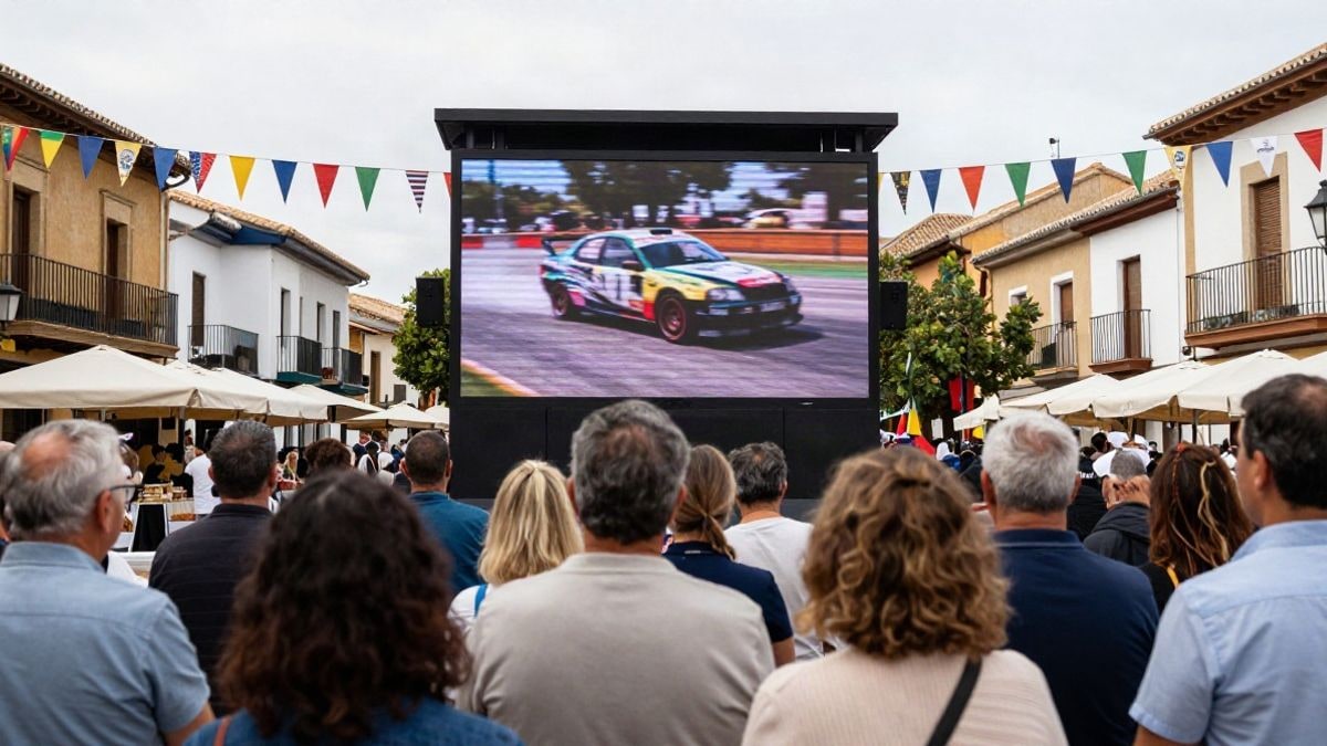 Imagen ilustrativa: pantalla gigante al aire libre en una plaza con público de espaldas durante una fiesta local.