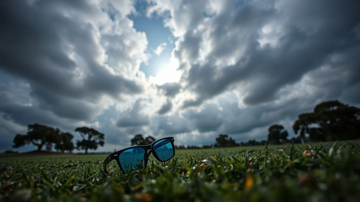 Imagen ilustrativa: gafas de eclipse solar sobre el césped y un cielo parcialmente nublado en un parque.