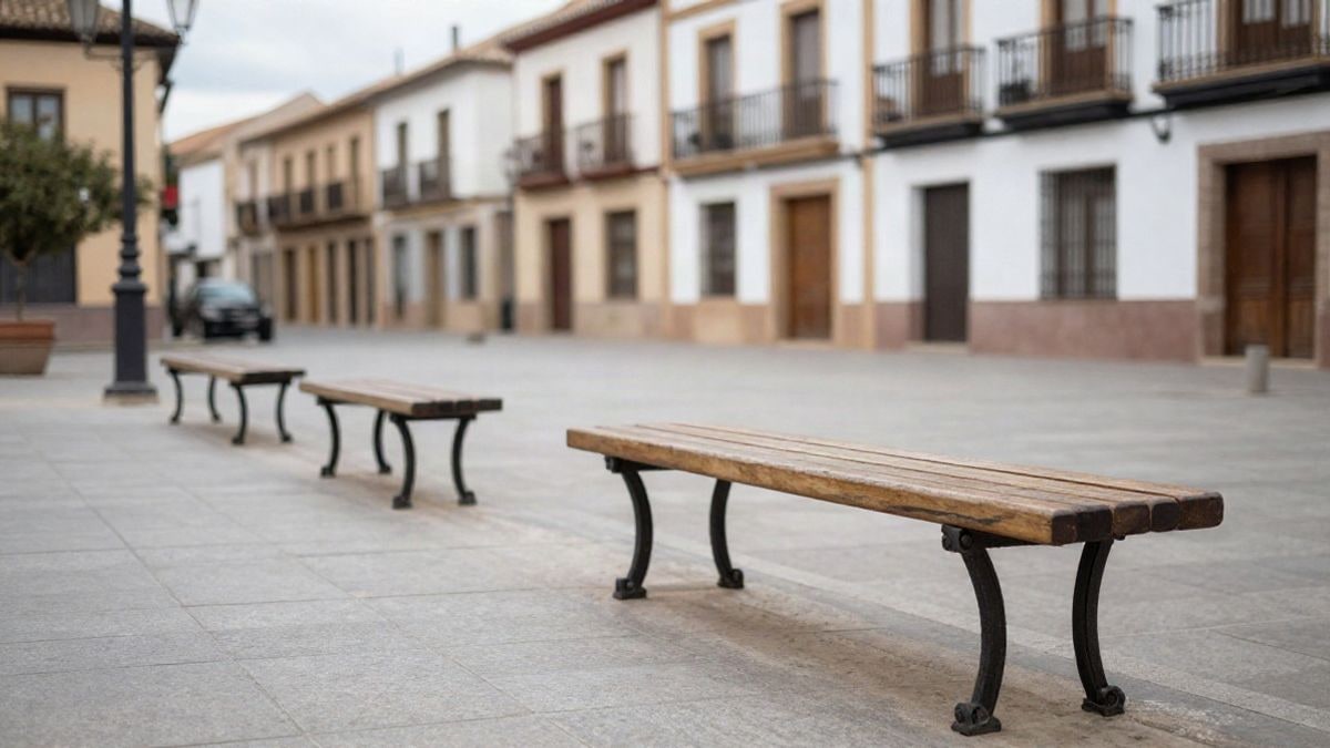 Imagen ilustrativa: varios bancos de madera y hierro vacíos en una plaza empedrada de un municipio