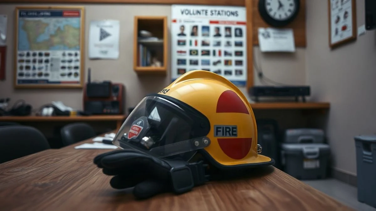 Imagen ilustrativa: casco y guantes de bombero sobre una mesa de madera con un mapa de fondo