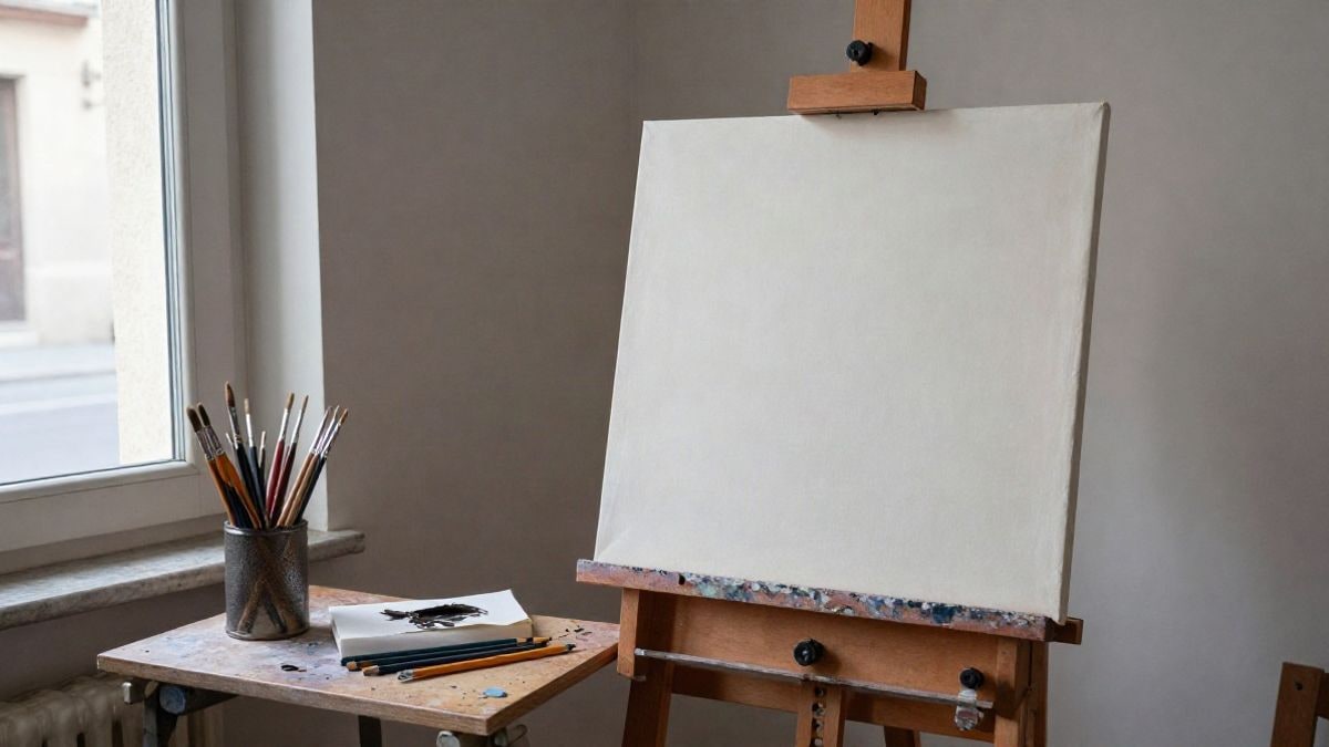 Imagen ilustrativa: un lienzo en blanco sobre un caballete junto a pinceles y lápices, con luz lateral de ventana