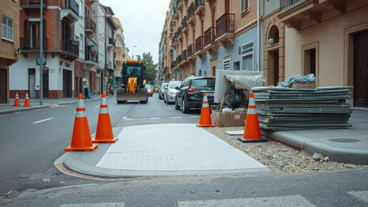 Illustrative image: residential street undergoing renovation, lifted pavement and construction cones