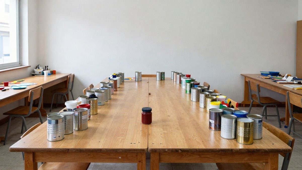 Imagen ilustrativa: mesa de aula con latas vacías, pinturas y pinceles para un taller infantil