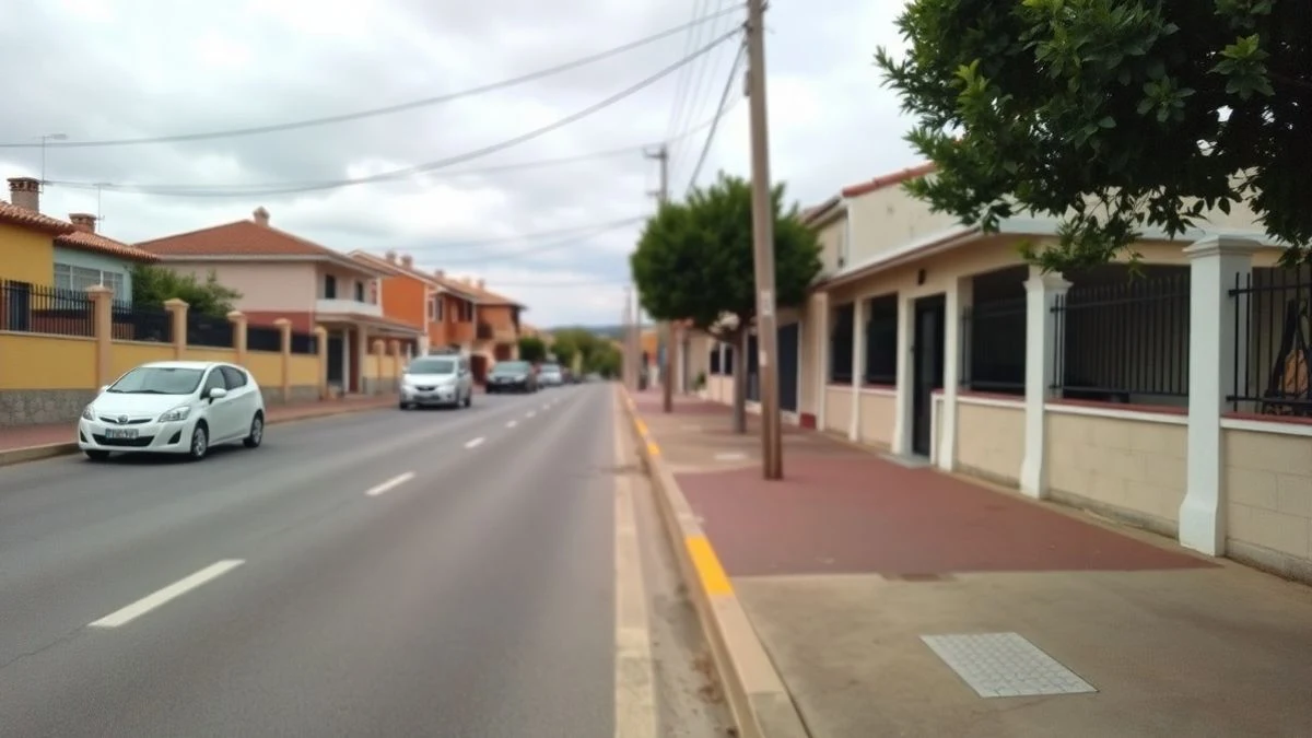 Imagen ilustrativa: calle residencial española con acera recién pavimentada y coches aparcados, en un día nublado.