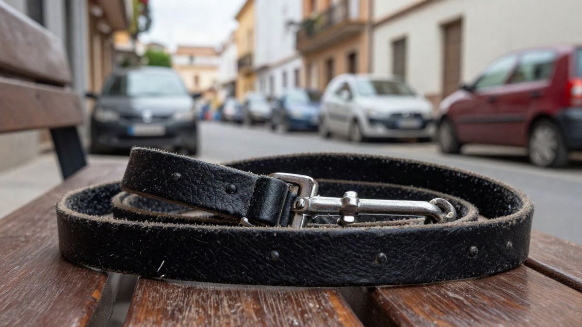Imagen ilustrativa: una correa de cuero negro enrollada sobre un banco de madera en una calle corriente con coches aparcados