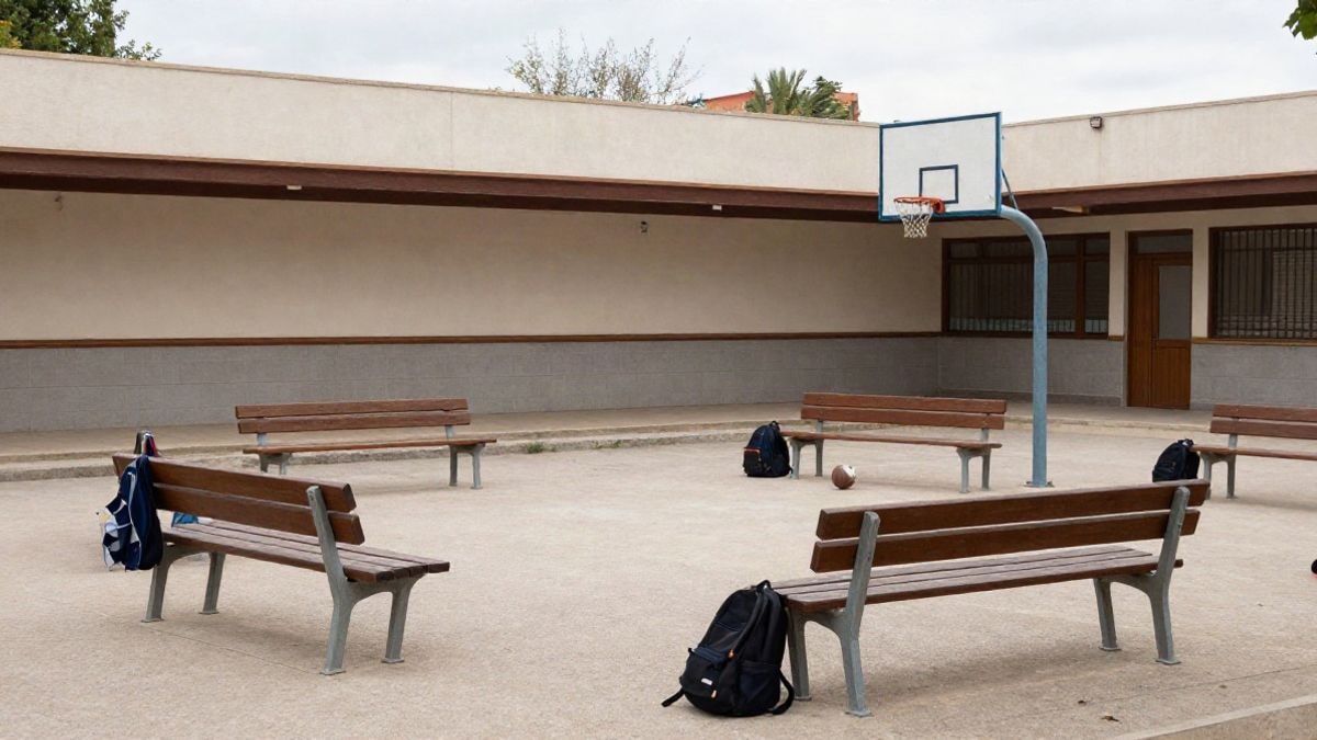 Imagen ilustrativa: patio escolar vacío con bancos y una canasta al fondo