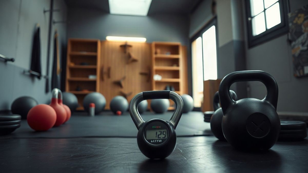 Imagen ilustrativa: interior de un gimnasio con material deportivo y un cronómetro sobre una mesa, con luz natural.